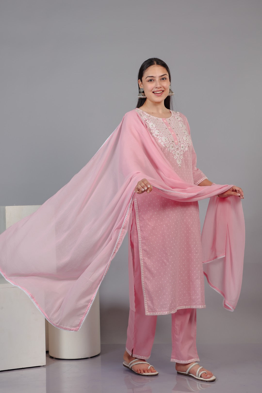 Baby Pink Cotton Suit with Thread Work, Bottom & Dupatta