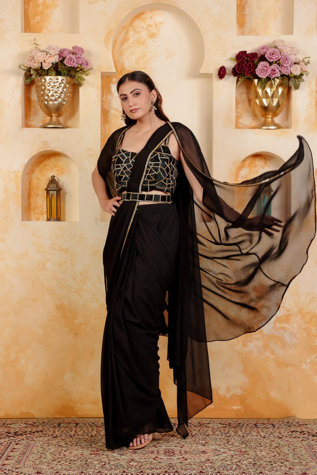 Black Georgette Drape Saree with Belt, Piping Work Blouse & Shrug
