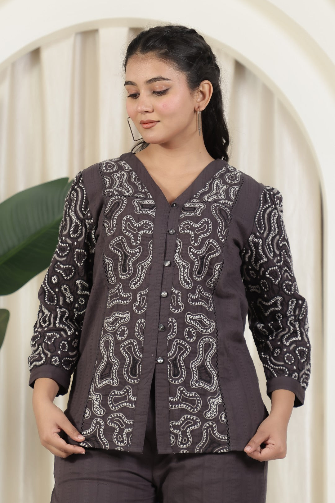 Dark Grey Cotton Top with Thread Embroidery & Palazzo Pant