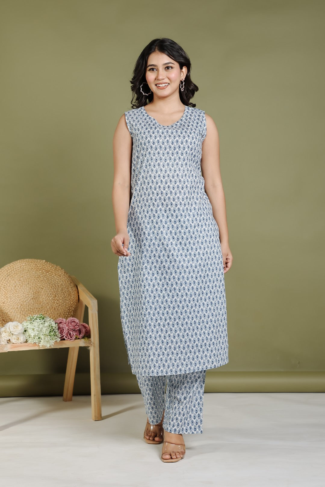 Offwhite Cotton Suit with Blue Prints and Paired With a Matching Jacket & Pant