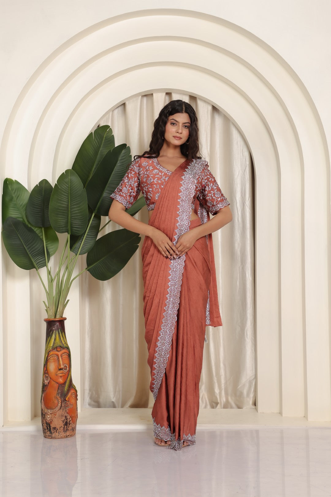 Rust Mosh Crush Draped Saree with Jarkan Work & Matching Blouse