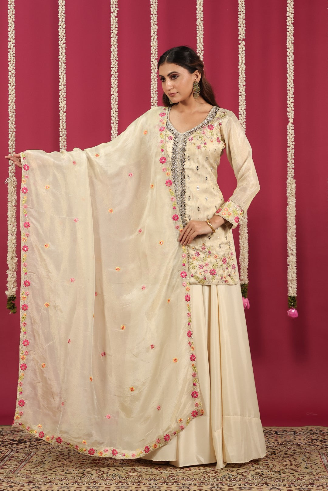 Beige Mosh Silk Short Kurti with Thread & Mirror Work, Sharara & Dupatta