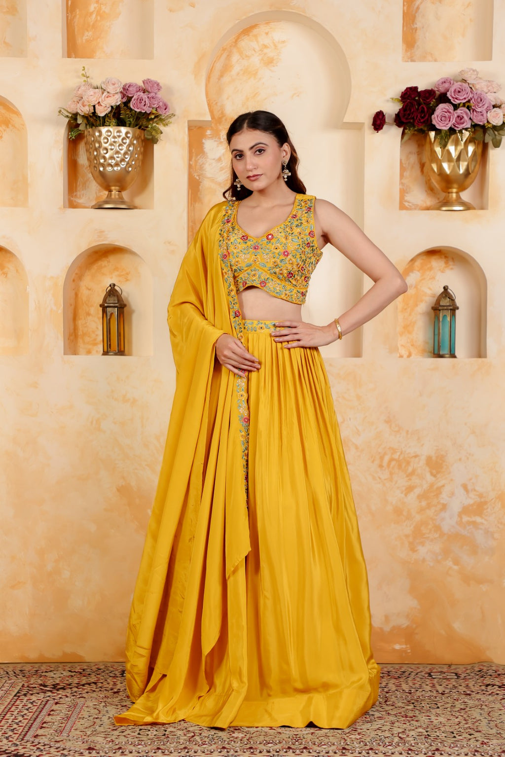 Yellow Crepe Silk Blouse with Thread & Stone Work, Lehenga & Dupatta
