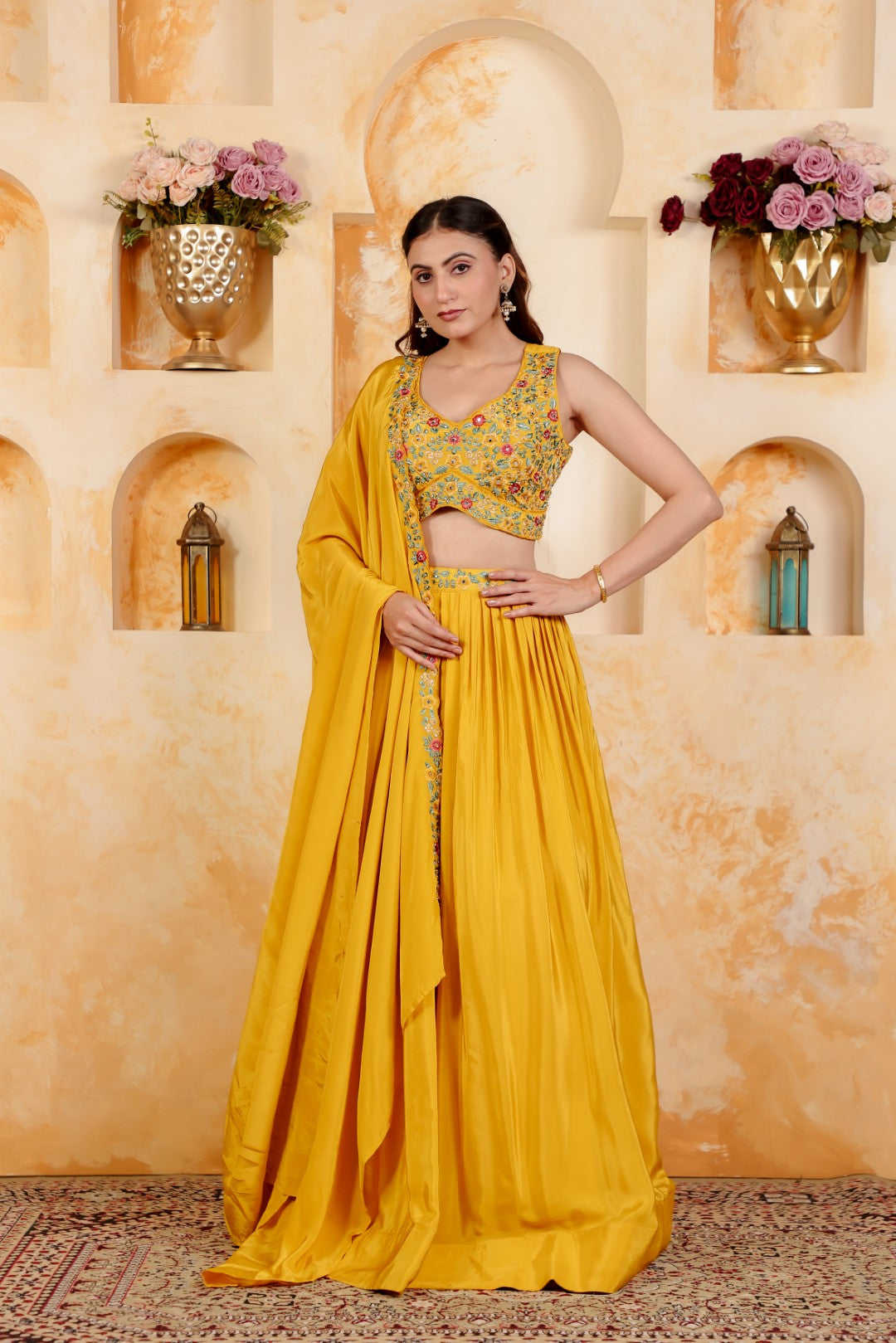 Yellow Crepe Silk Blouse with Thread & Stone Work, Lehenga & Dupatta