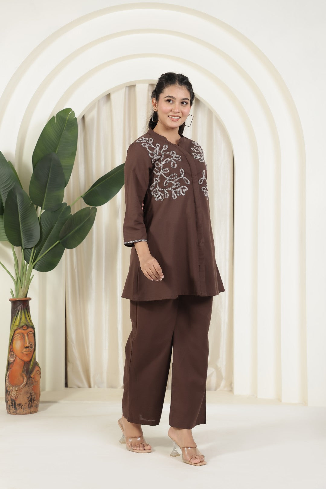 Coffee Brown Jute Linen Co-ord Set with Thread Handwork