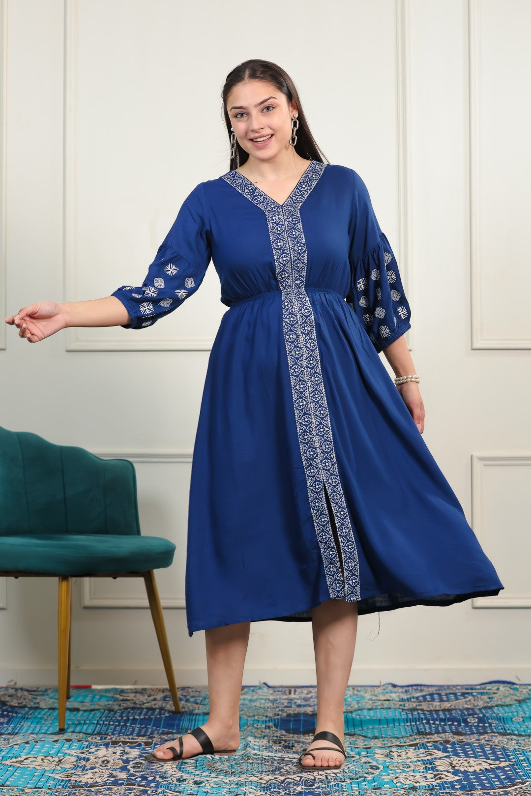 Royal Blue Rayon with White Thread Work Midi Dress