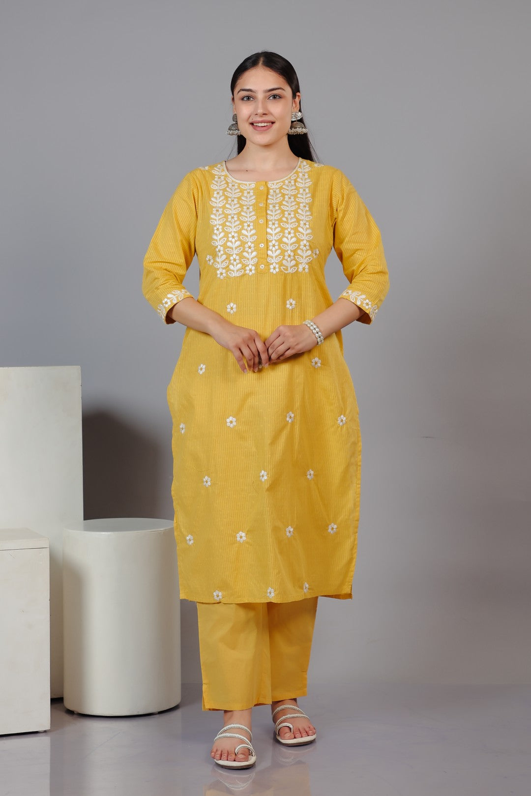 Yellow Cotton Suit with Fine Thread Work, Bottom & Dupatta