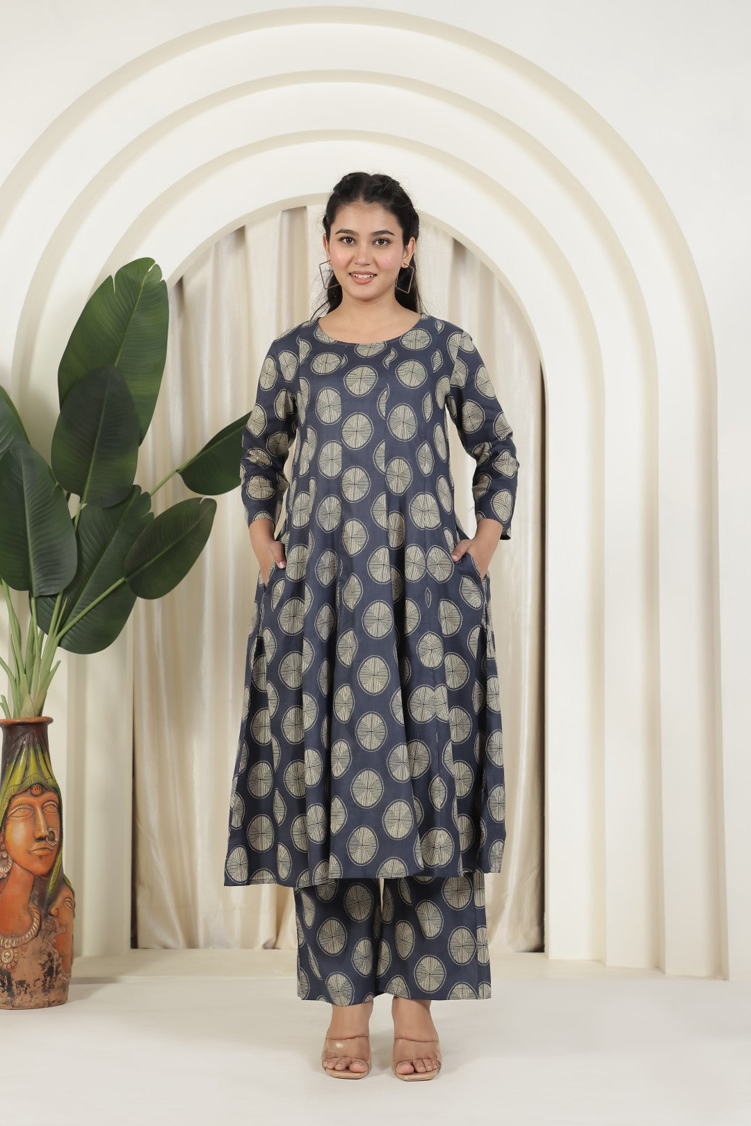 Deep Navy Blue Cotton Printed Suit and Paired with a Matching Pant & Dupatta