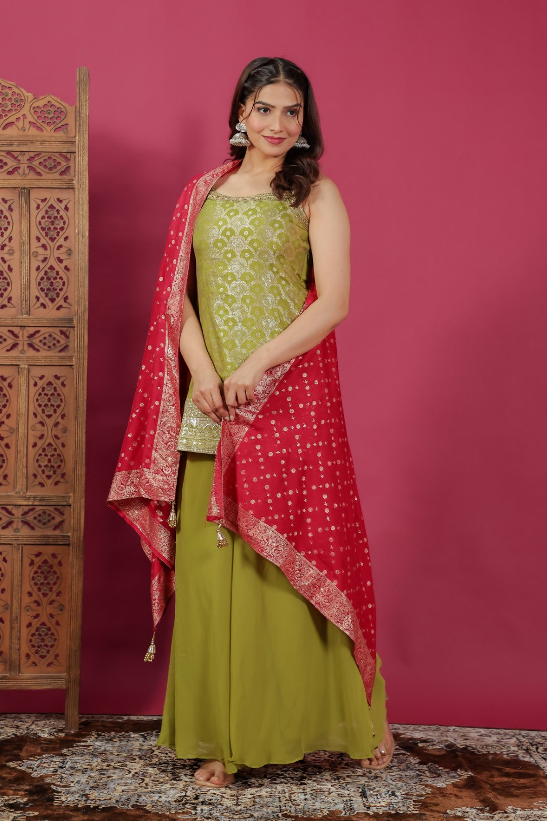 Lime Green Dola Silk Banarasi Suit with Zari & Sequin Work, Sharara & Dupatta