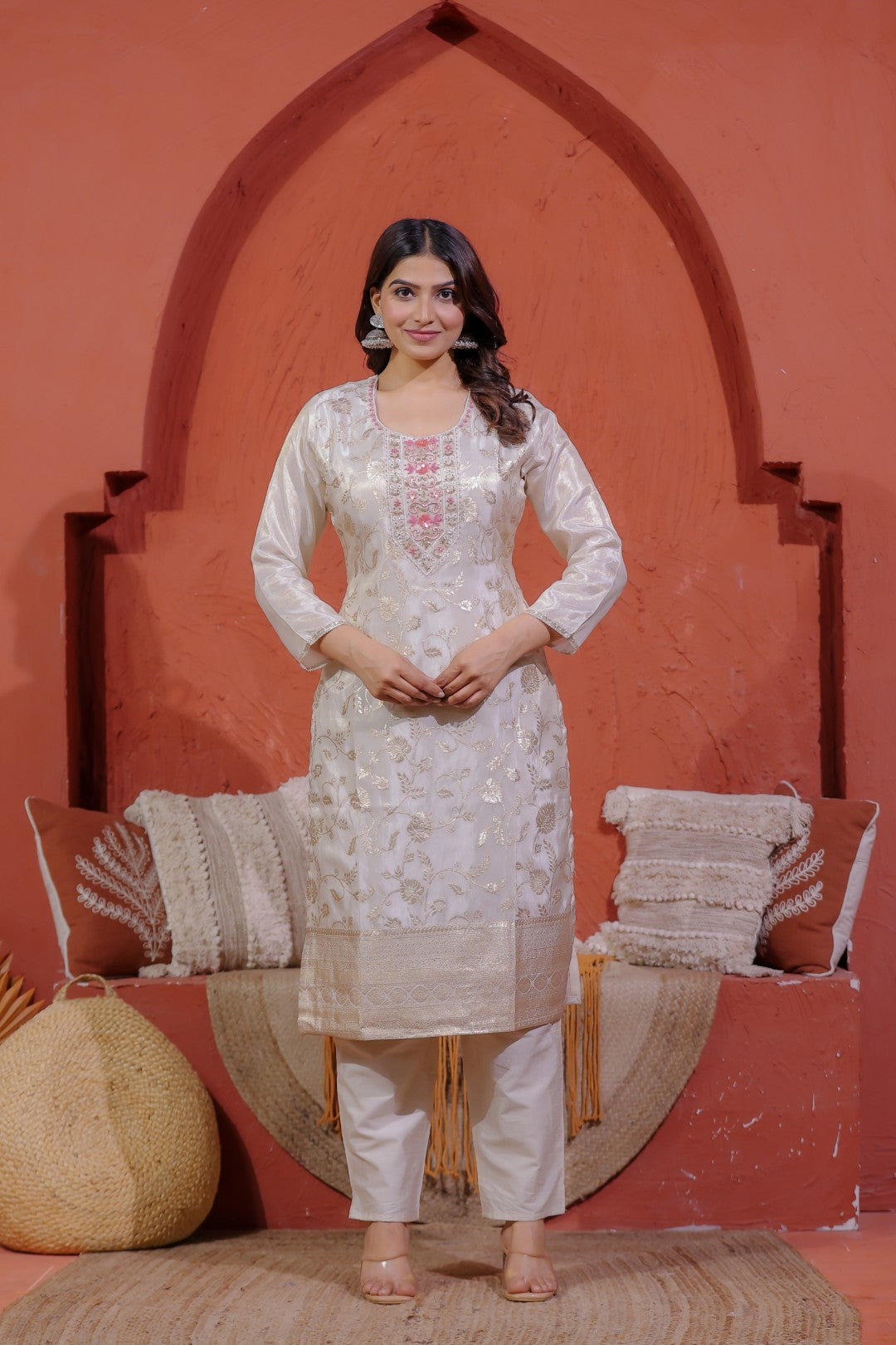 Off White Mosh Silk Suit with Full Banarasi Work, Pant & Dupatta