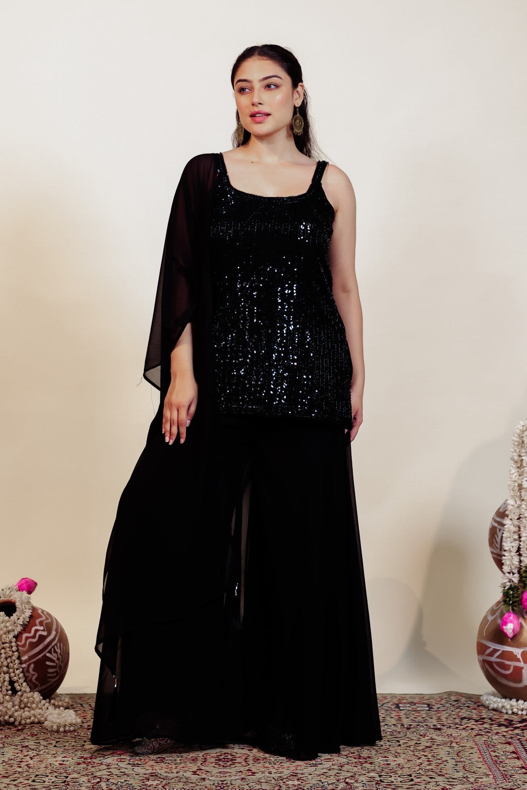 Black Georgette Suit with Handwork, Sharara & Dupatta