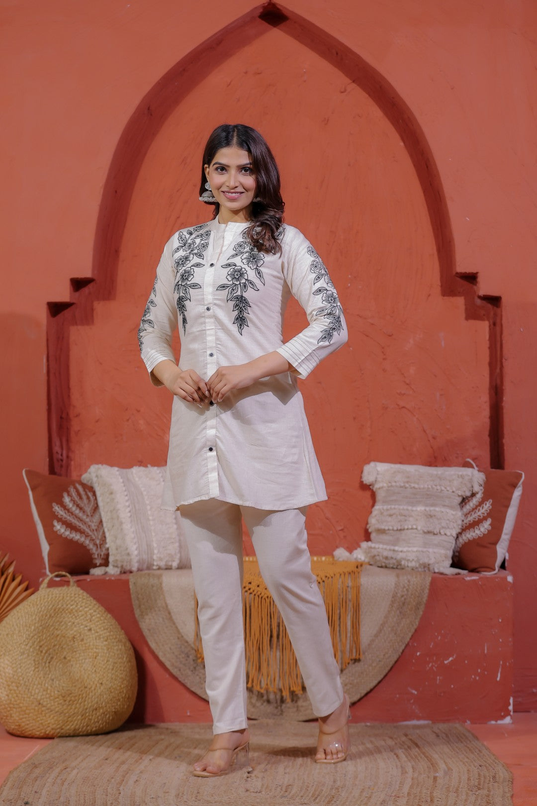 Off White Khadi Cotton with Floral Embroidery Co-ord Set