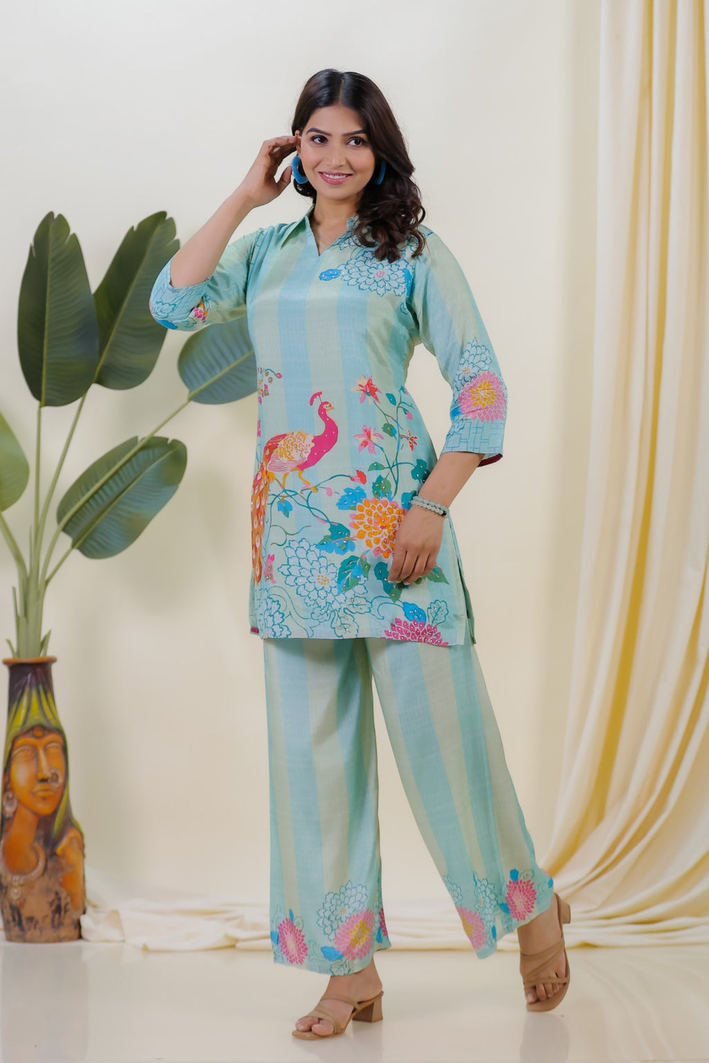 Sky Green & Sky Blue Crepe Silk with Peacock Printed Co-ord Set