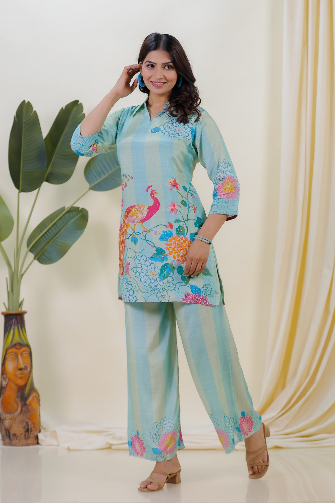 Sky Green & Sky Blue Crepe Silk with Peacock Printed Co-ord Set