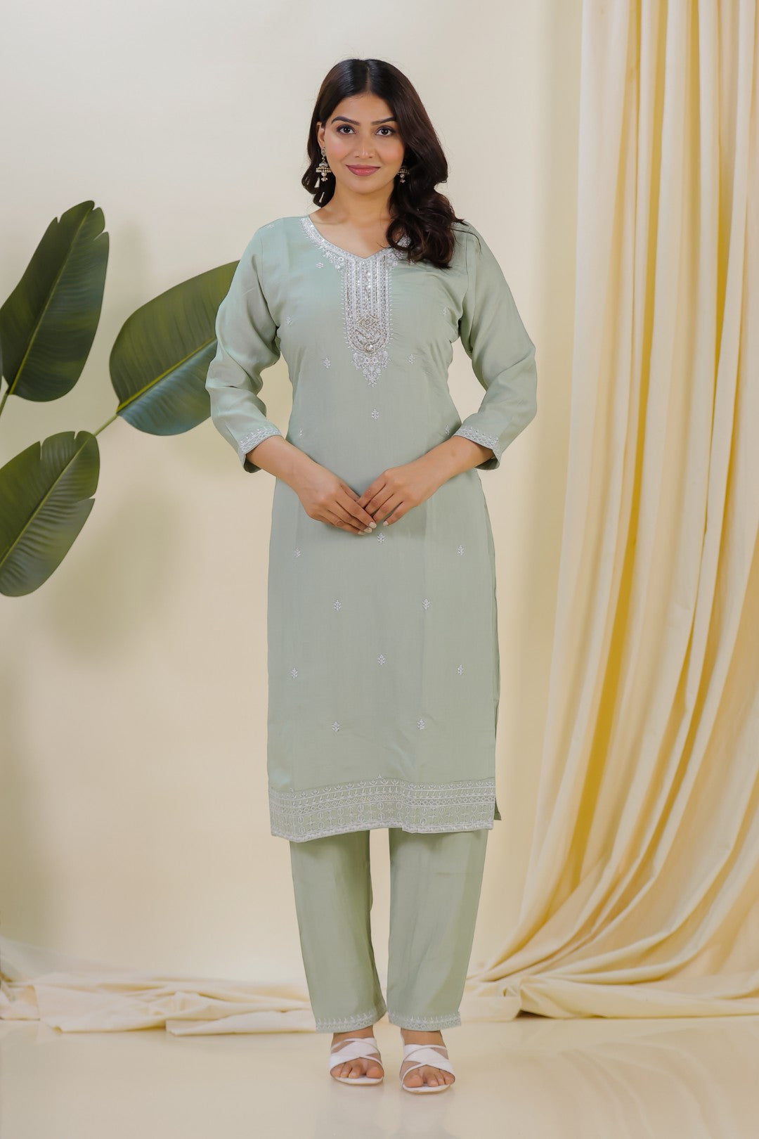 Pista Green Muslin Suit with Thread Work, Straight Pant & Dupatta