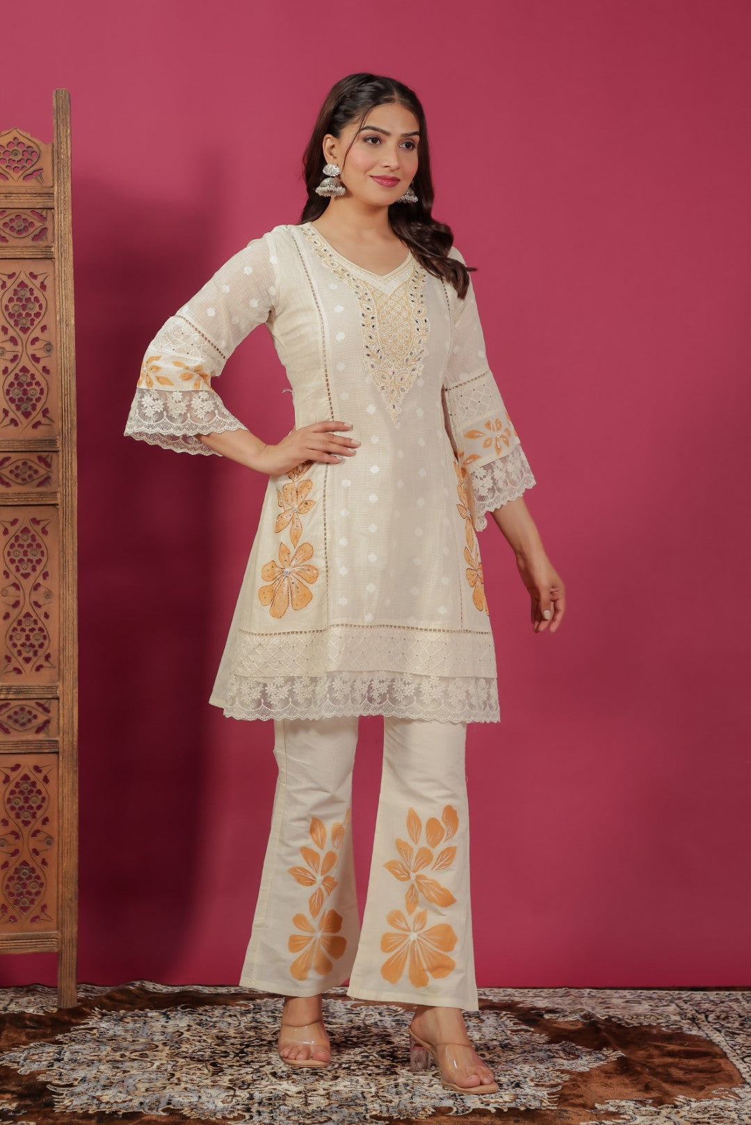 Off White Cotton Chikankari Handwork Co-ord Set with Dupatta