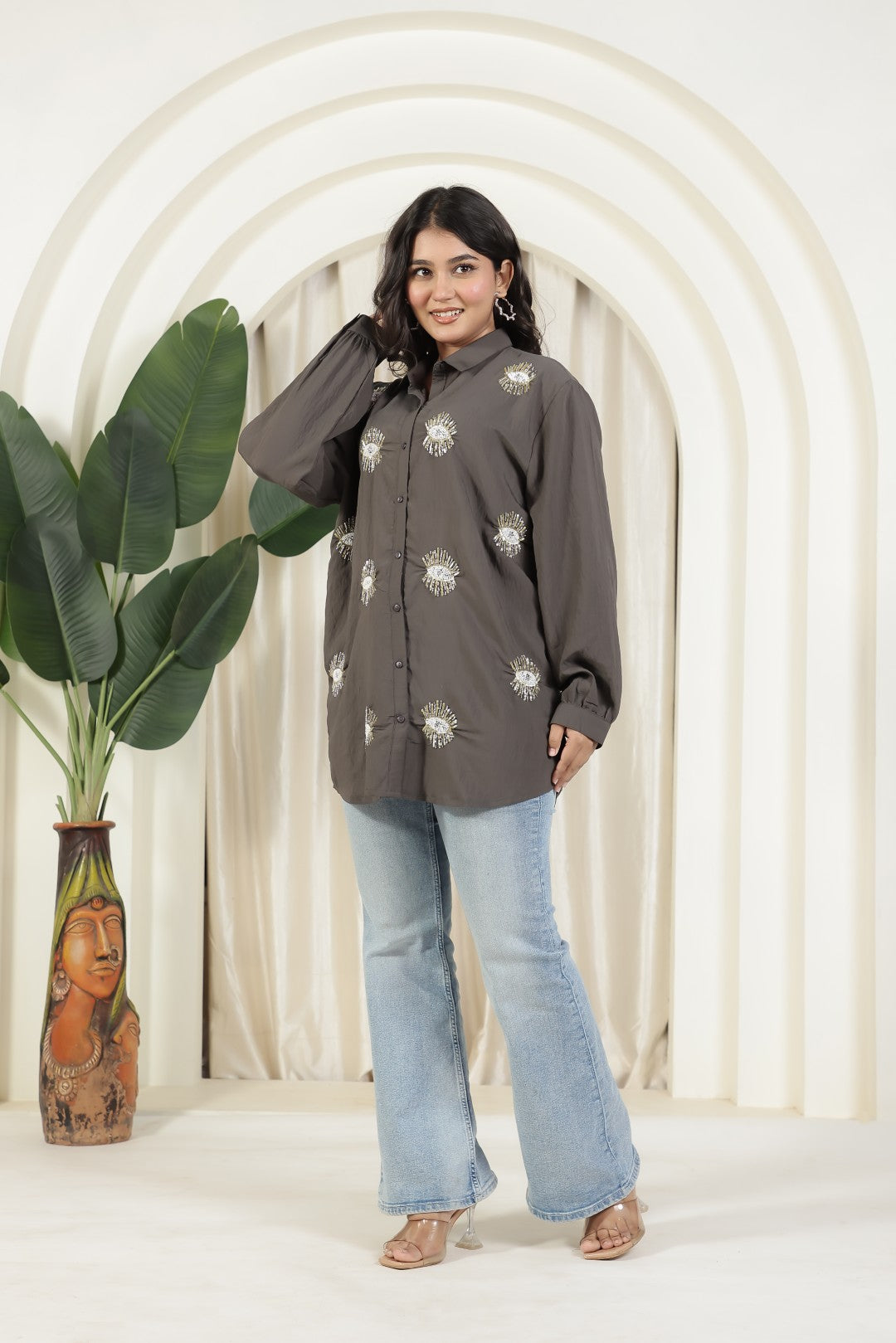 Charcoal Cotton Shirt with Sequence Handwork