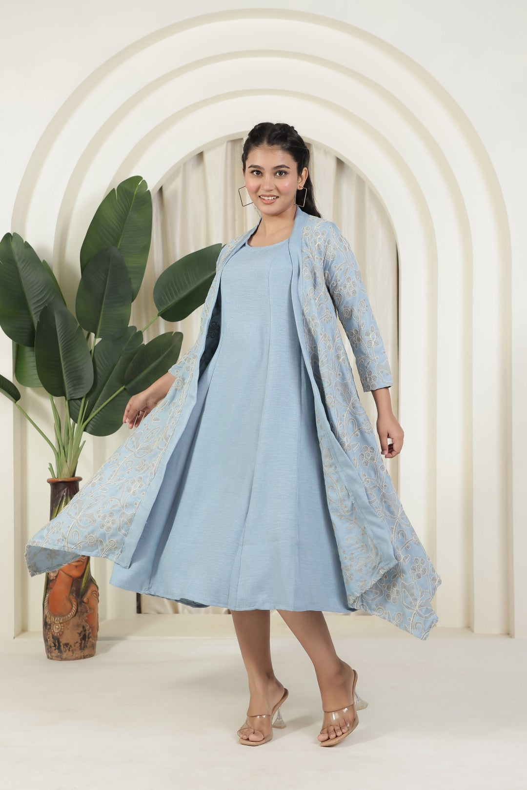 Baby Sky Blue Fiona Cotton Cut-sleeves Top and Jacket with Full Thread Embroidery