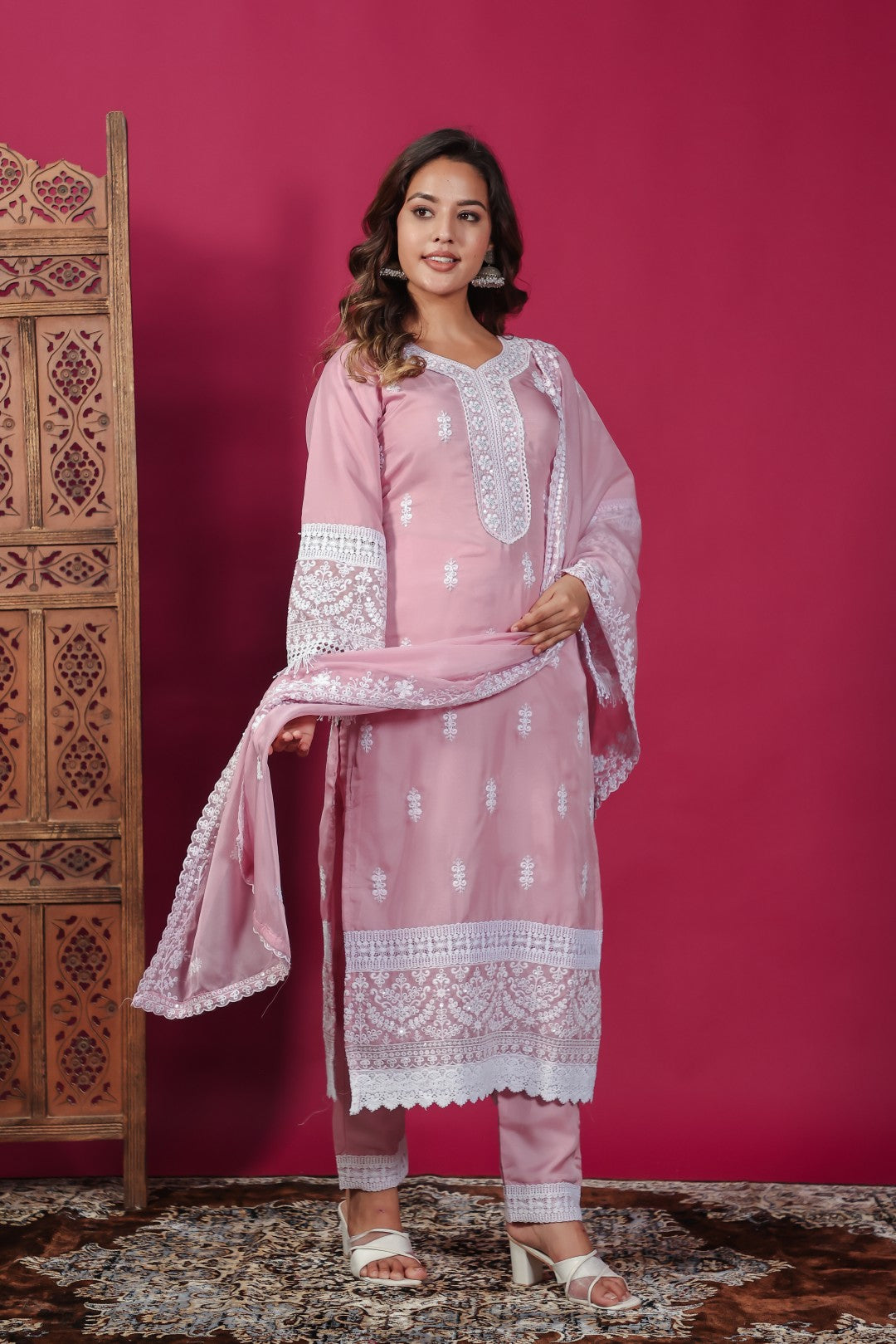 Baby Pink Organza Suit with Thread  Work, Bottom & Dupatta