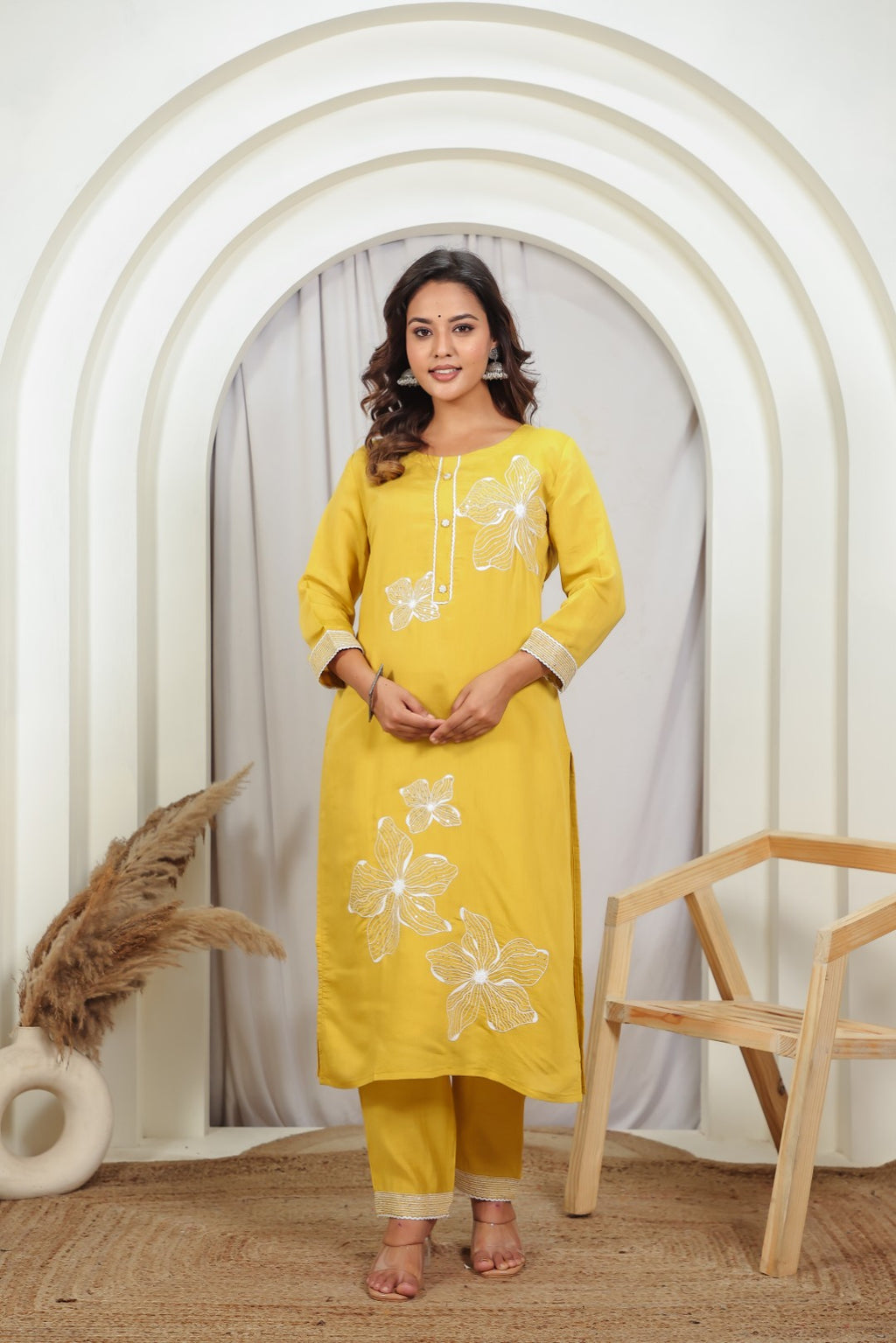 Yellow Muslin Suit with White Thread & Sequin Work, Bottom & Dupatta
