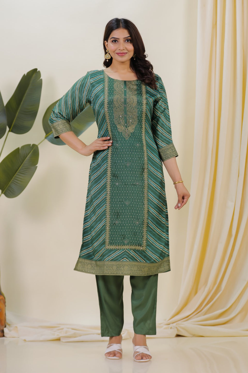 Green Silk Leheriya Print Suit with Foil Work, Bottom & Dupatta