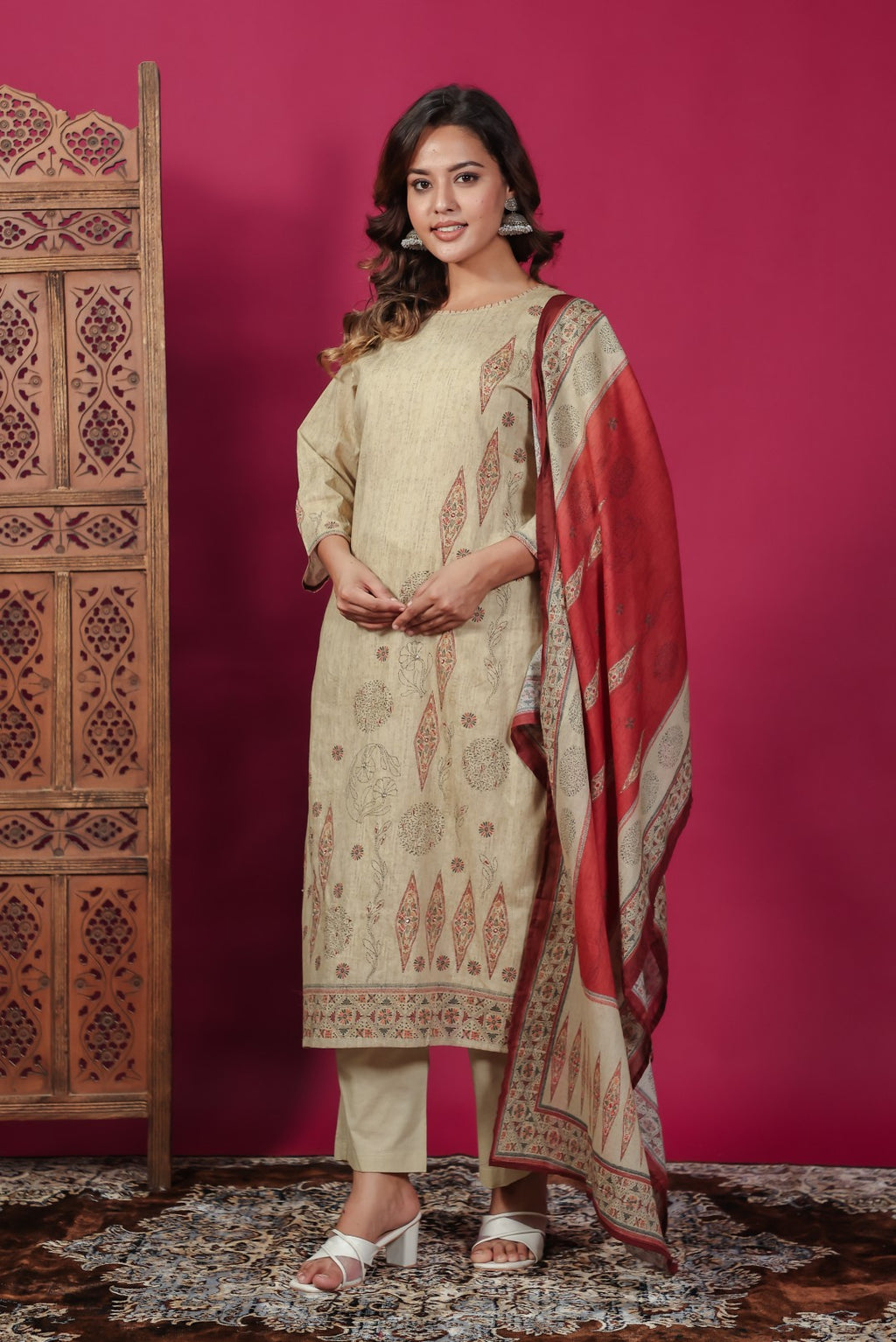 Beige Cotton Katha Print Suit, Bottom & Dupatta