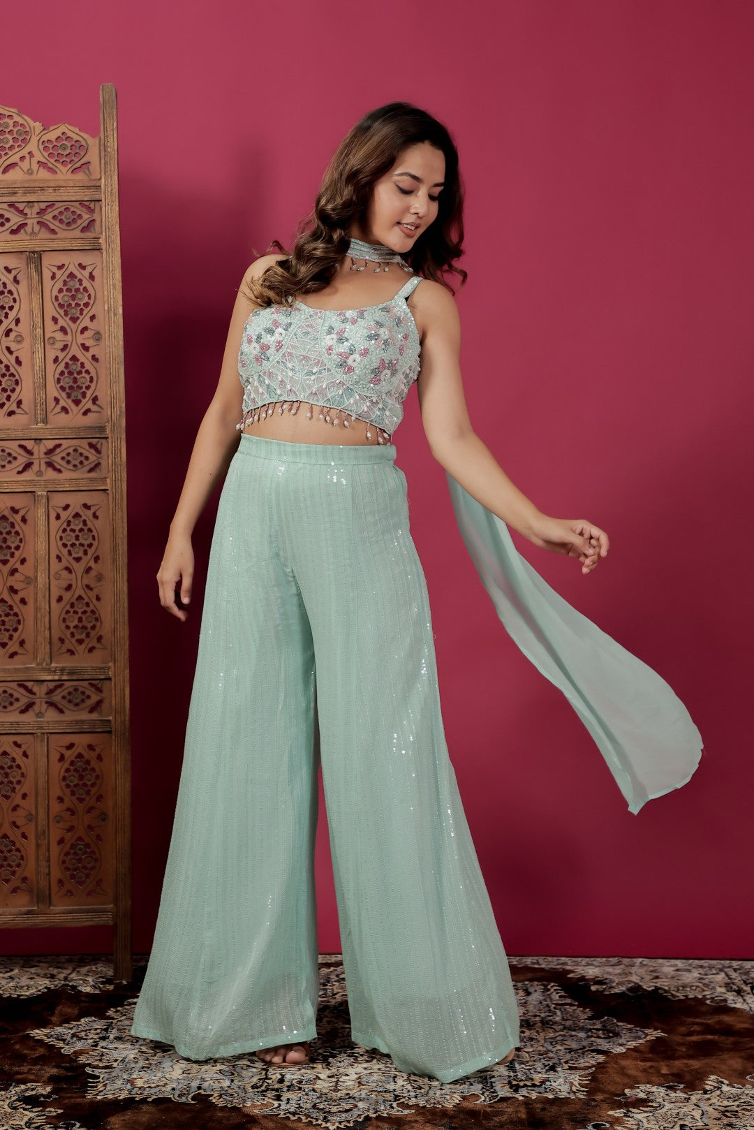 Sea Green Georgette Palazzo Set with Full Sequin Handwork Blouse & Dupatta