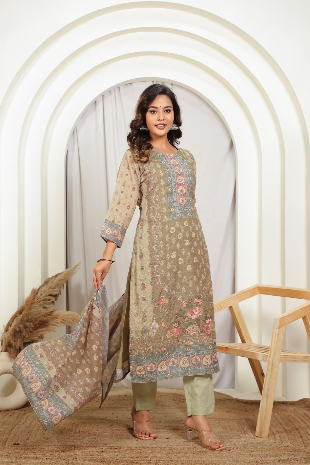 Mehendi Green Cotton Chikankari Suit with Bottom & Dupatta