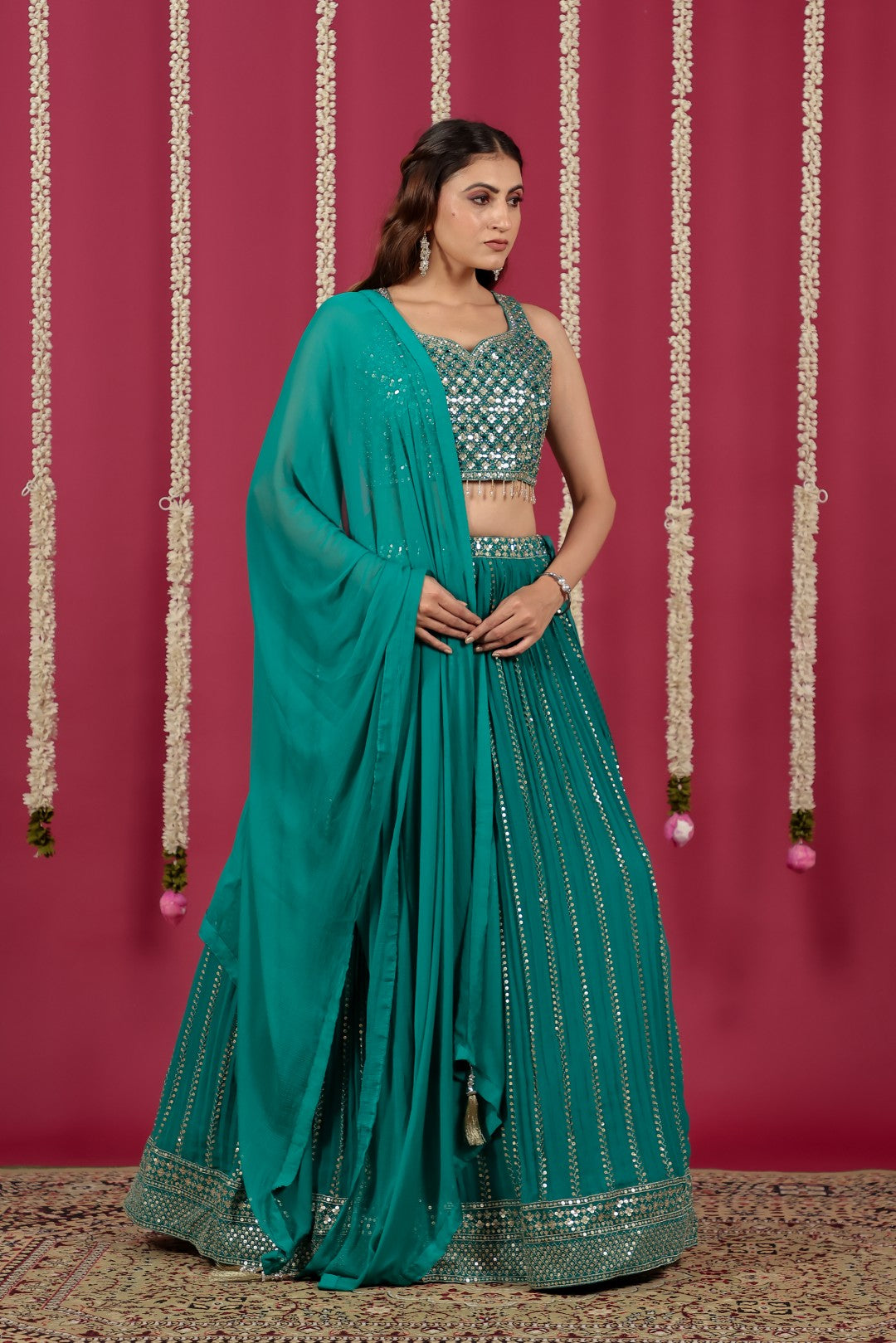 Rama Green Georgette Lehenga with Sequin & Mirror Work Blouse & Dupatta