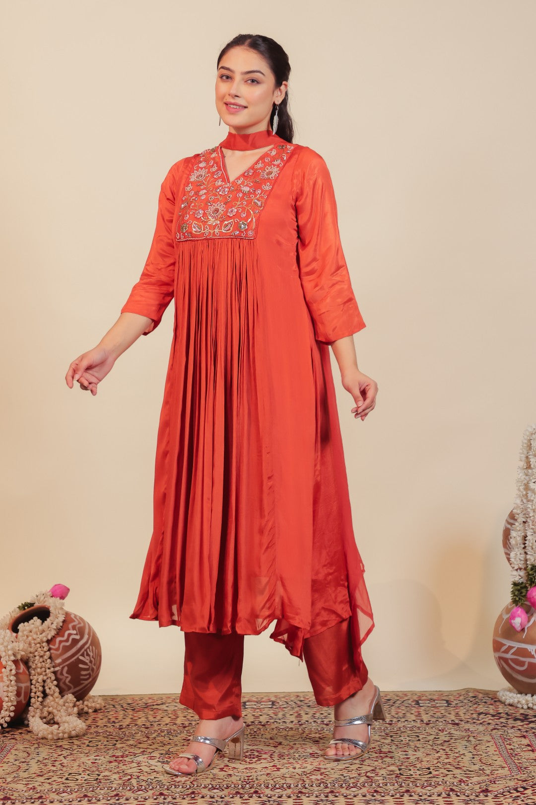 Rust Chinon Suit with Handwork, Bottom & Dupatta