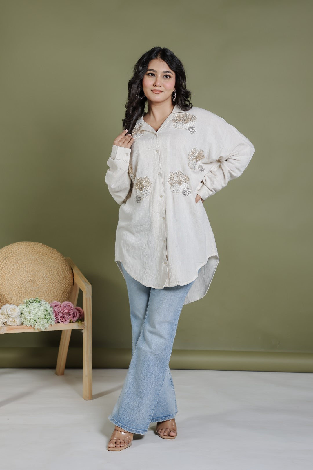 Offwhite Khadi Cotton Shirt with Sequence Handwork