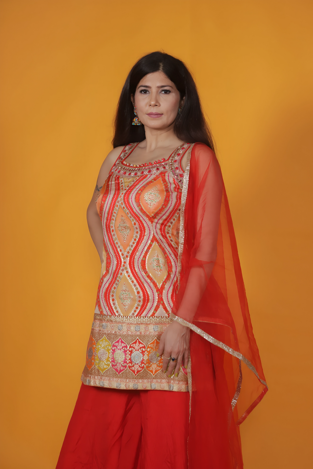 Red HO Silk Top with Position Printed Banarsi Work, Sharara & Net Dupatta
