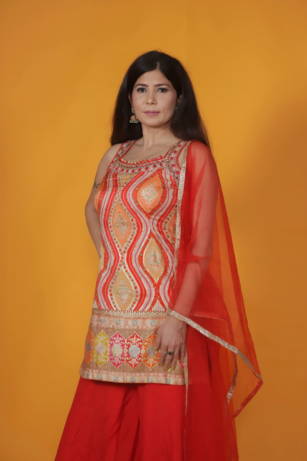 Red HO Silk Top with Position Printed Banarsi Work, Sharara & Net Dupatta