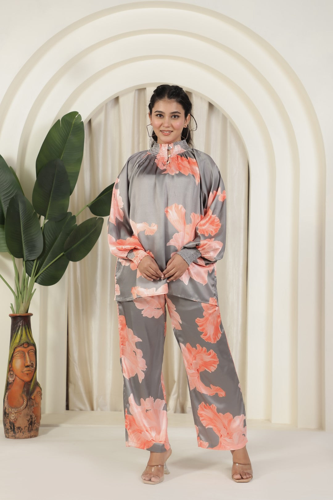 Steel Grey Satin Top with Flower Prints and Paired with Matching Bottom