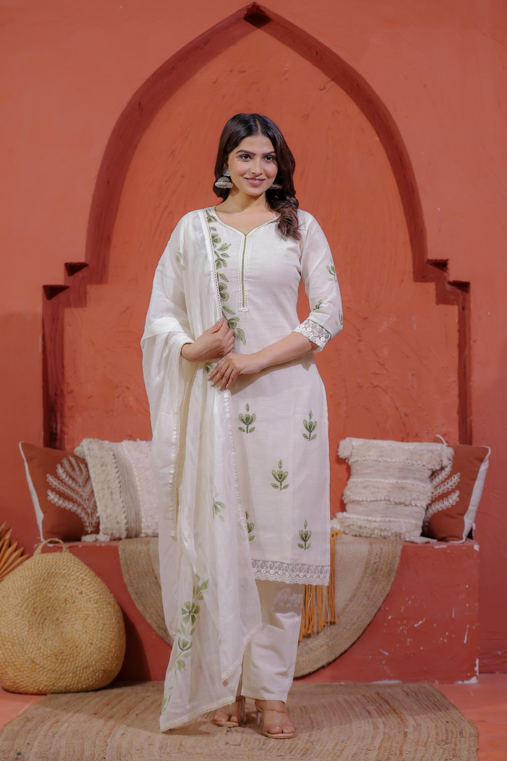 Off White Super Net Cotton Suit with Foil Floral Print, Bottom & Dupatta