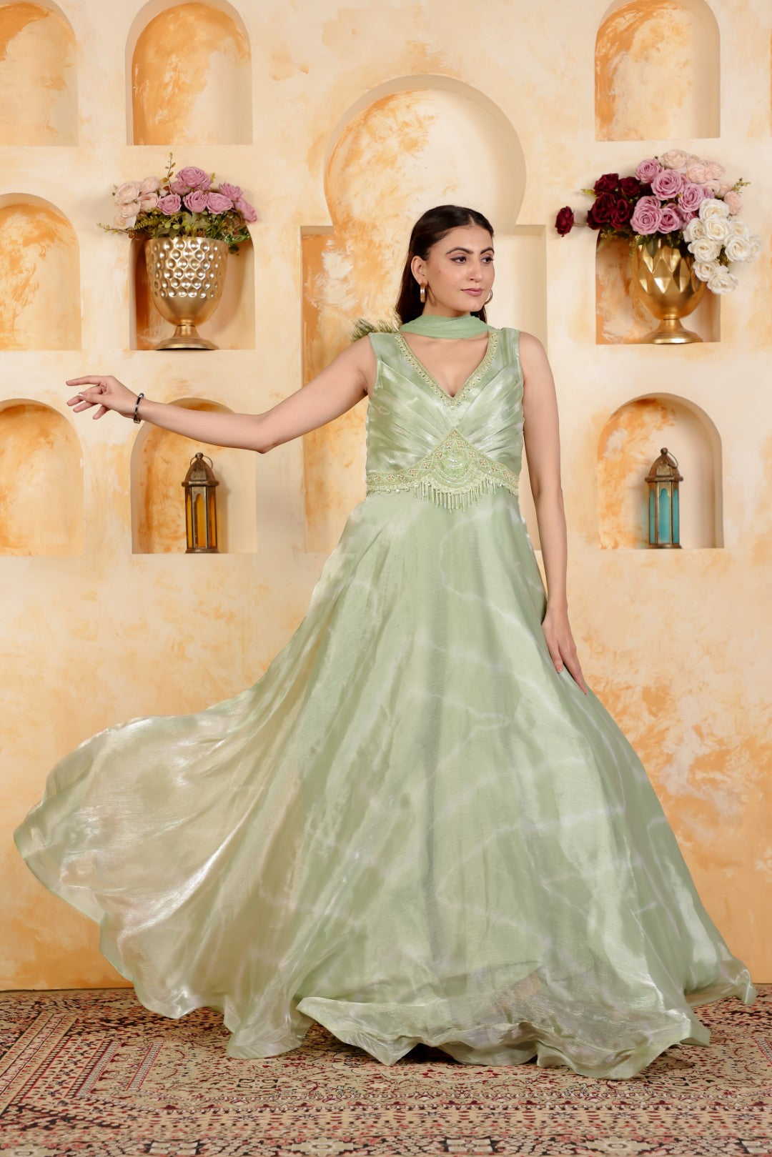 Mint Green Jimmy Choo Gown with Stylish Handwork & Net Dupatta