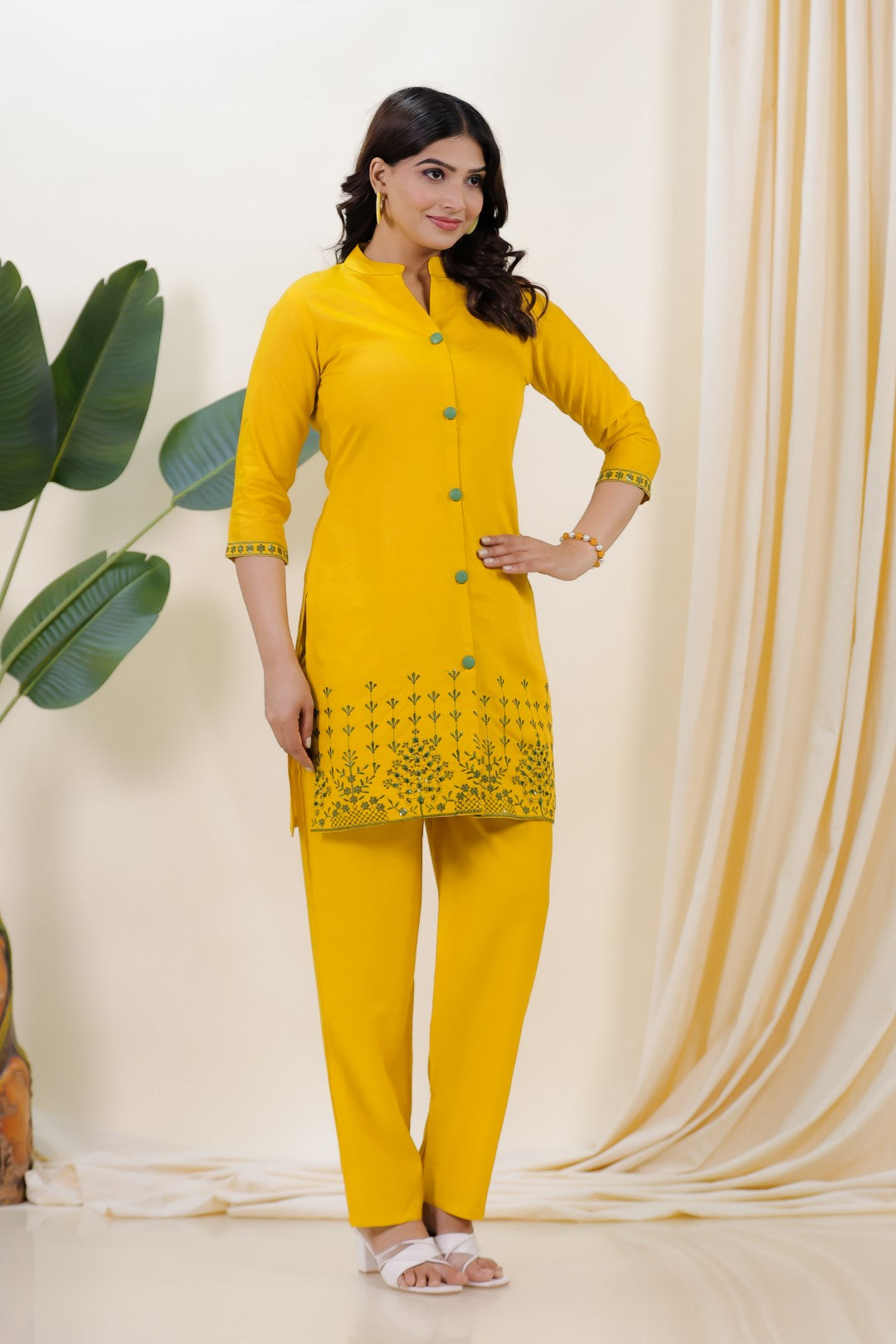 Mustard Yellow Muslin with Sequin Thread Work Co-ord Set