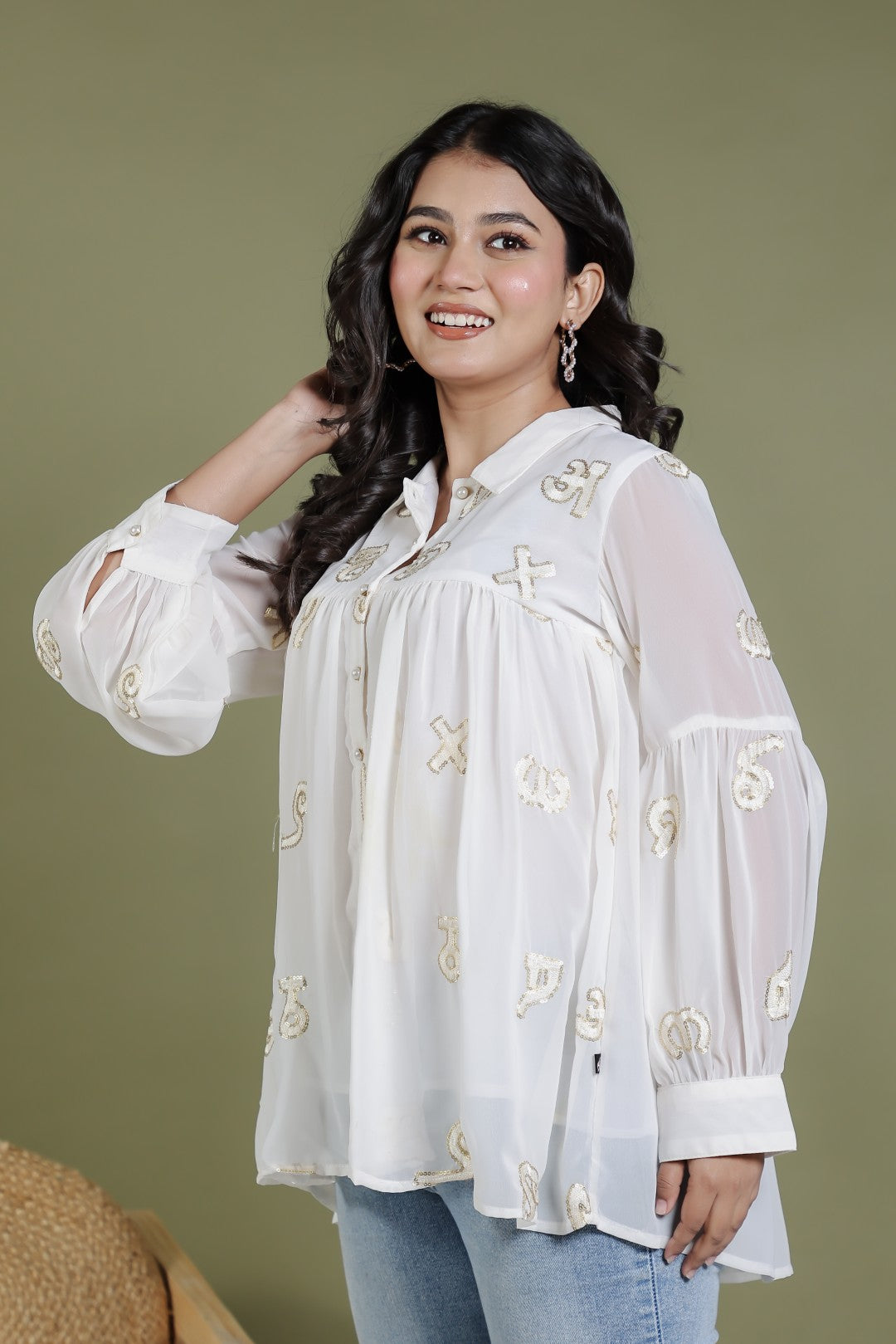 Offwhite Georgette Shirt with Thread Sequence Work