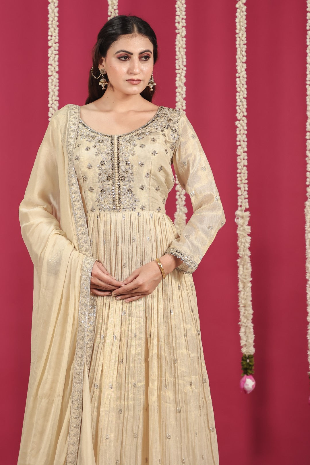 Golden Off White Mosh Silk with Zari Work Gown & Dupatta