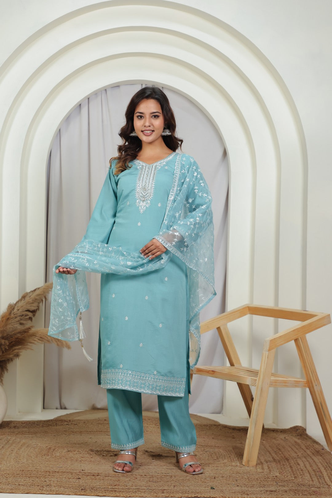 Sky Blue Muslin Suit with Thread Work, Straight Pant & Dupatta