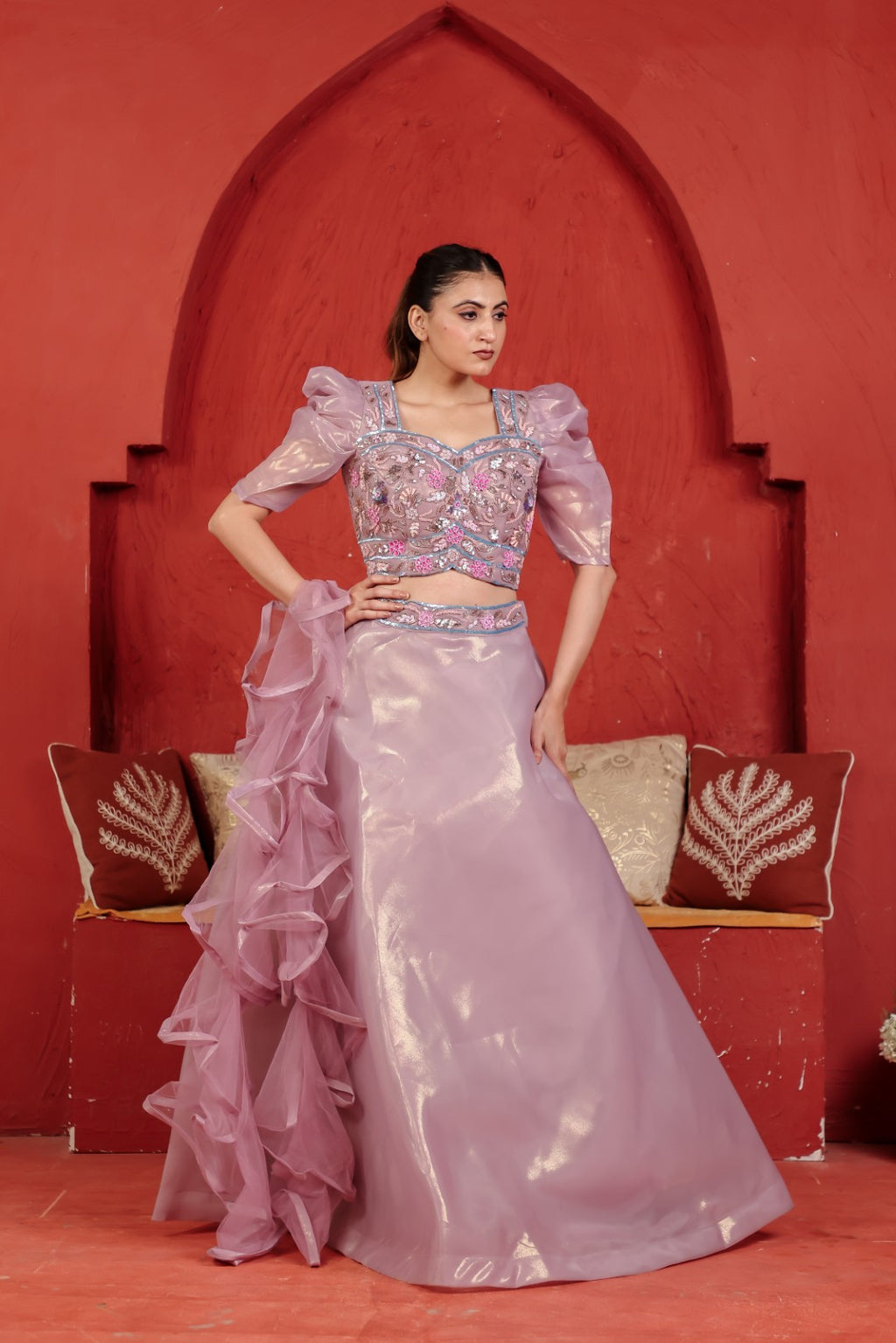 Lavender Net Lehenga with Handwork Blouse & Dupatta