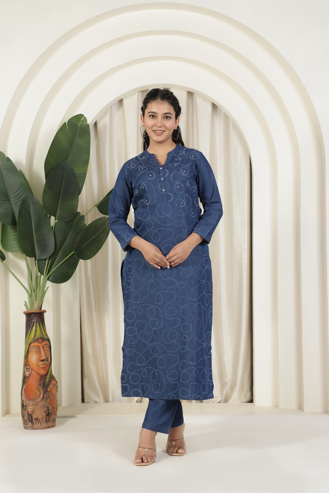 Navy Blue Denim Suit with Blue Thread Embroidery and Paired with Matching Pant