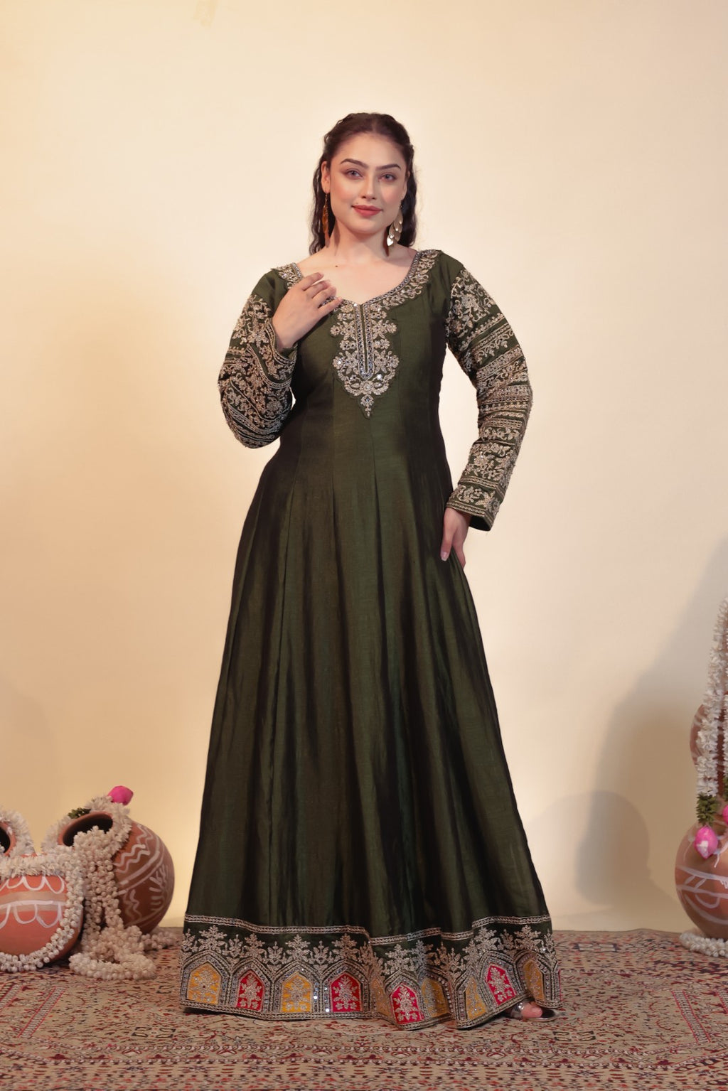 Mehendi Green Vichitra Silk with Zari Work Gown & Dupatta