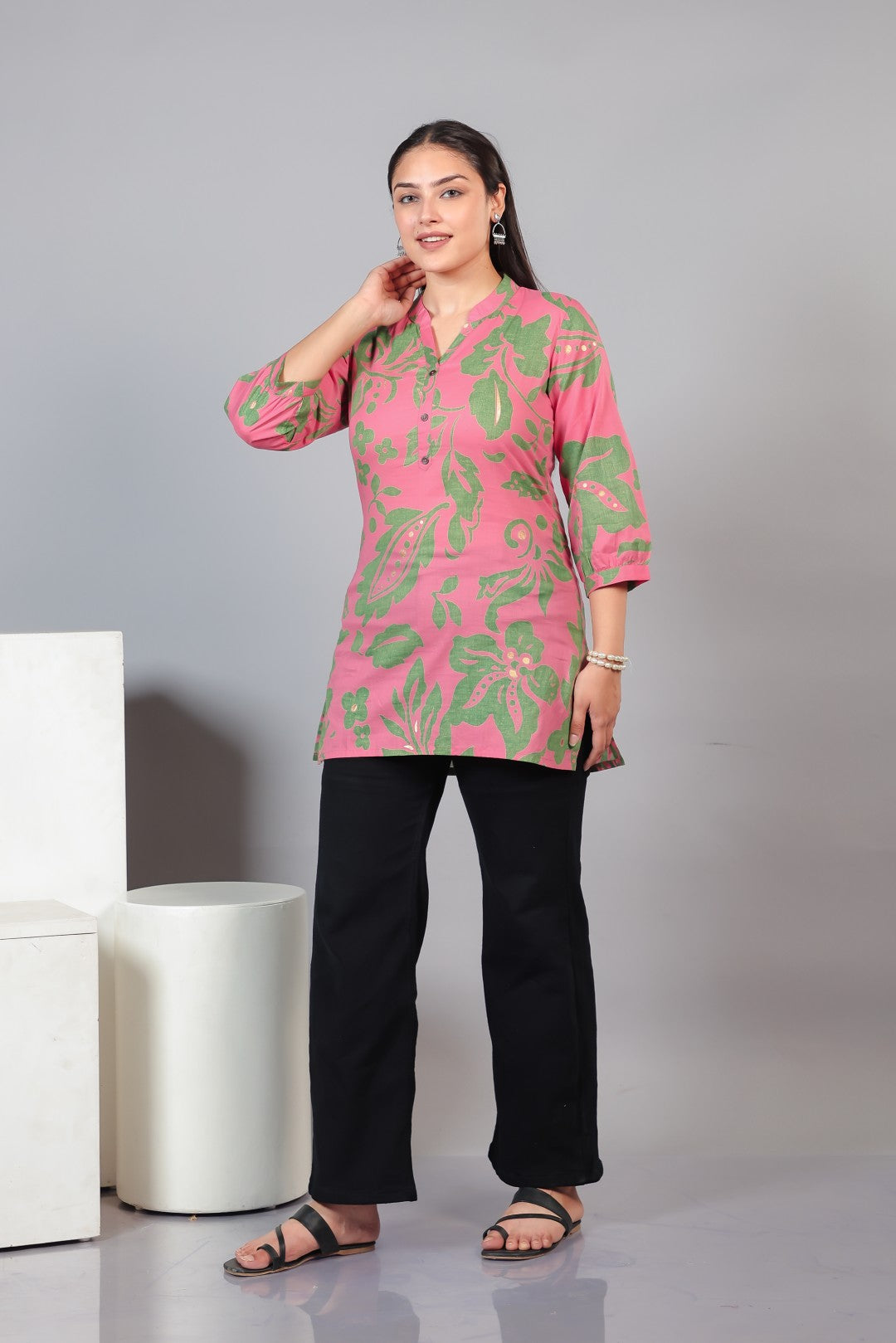 Pink Cambric Cotton Floral Printed Short Kurti