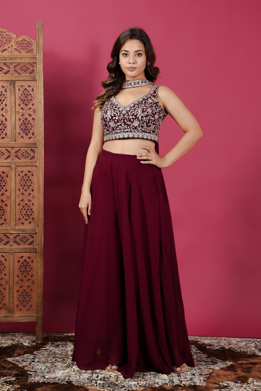 Wine Georgette Blouse with Heavy Zari Work, Sharara & Dupatta