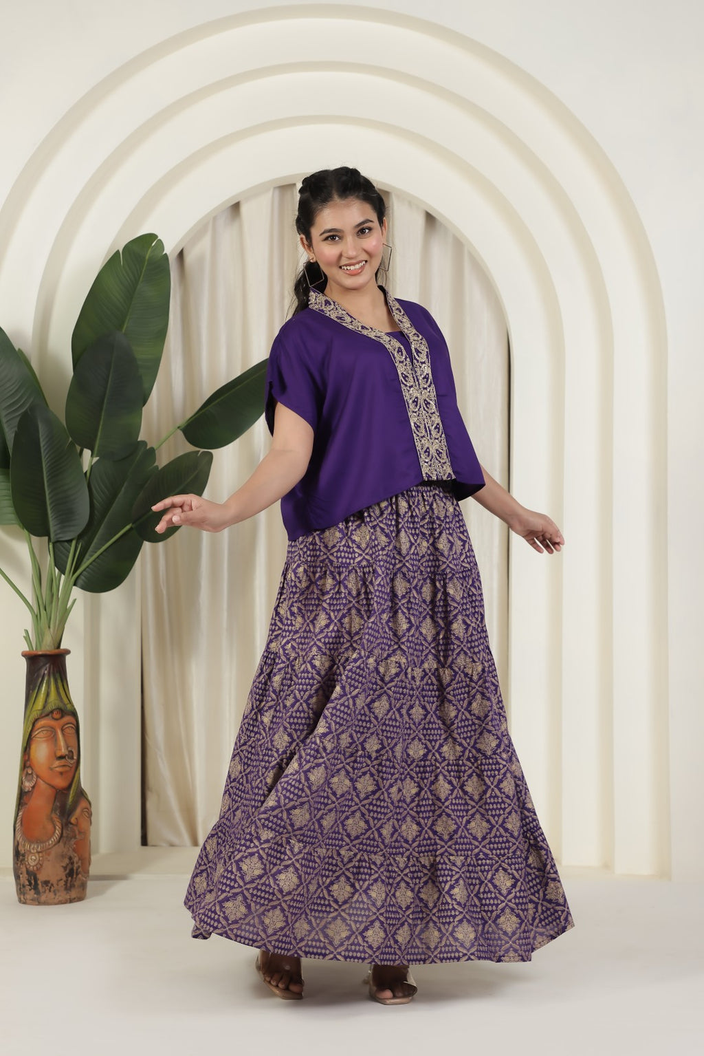 Purple Cotton Top with Zariwork and Foil Printed Skirt