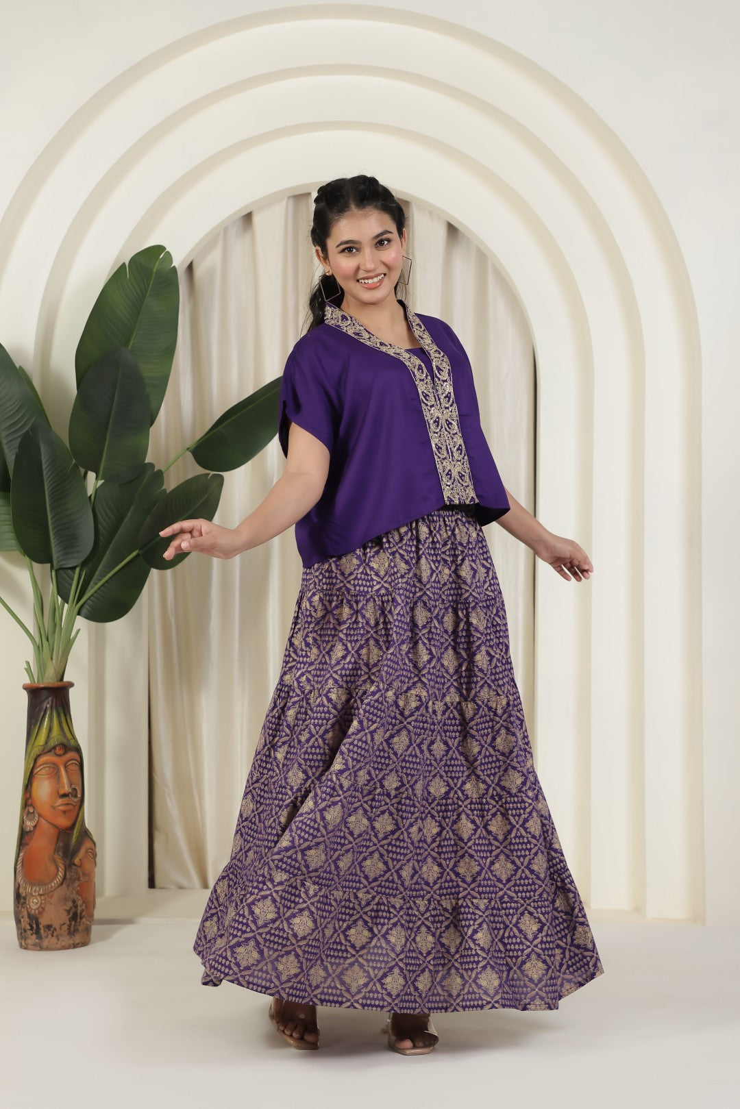 Purple Cotton Top with Zariwork and Foil Printed Skirt