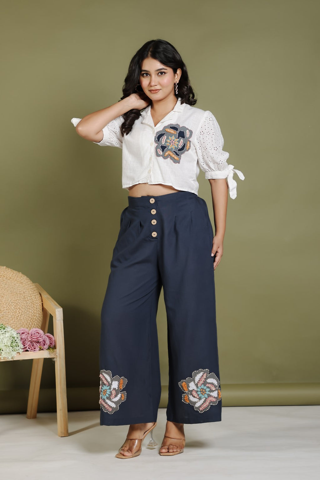 Offwhite Cotton Top with Patch Thread Work and Teal Blue Linen Cotton Palazzo Pant