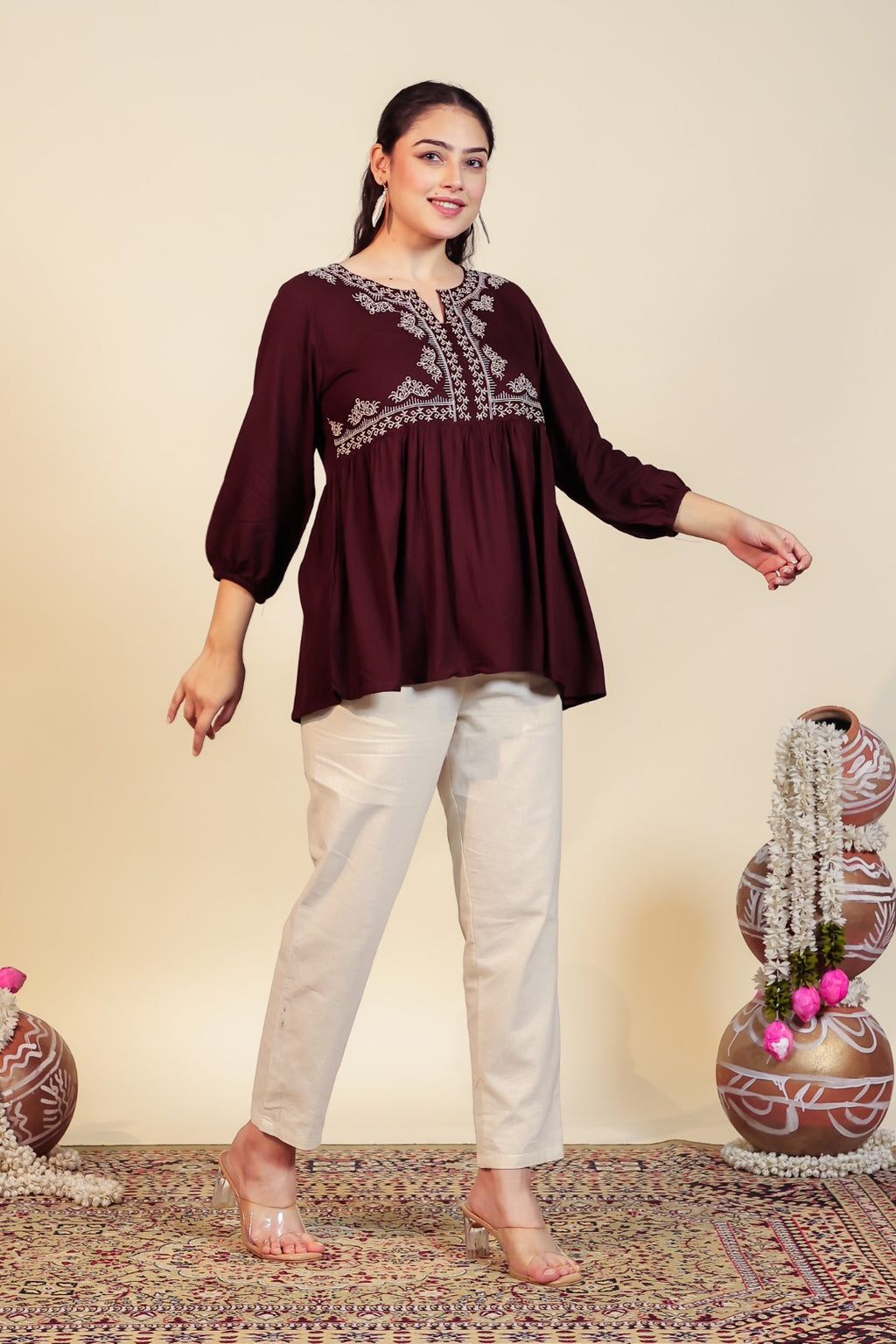 Dark Brown Rayon Thread Work Top