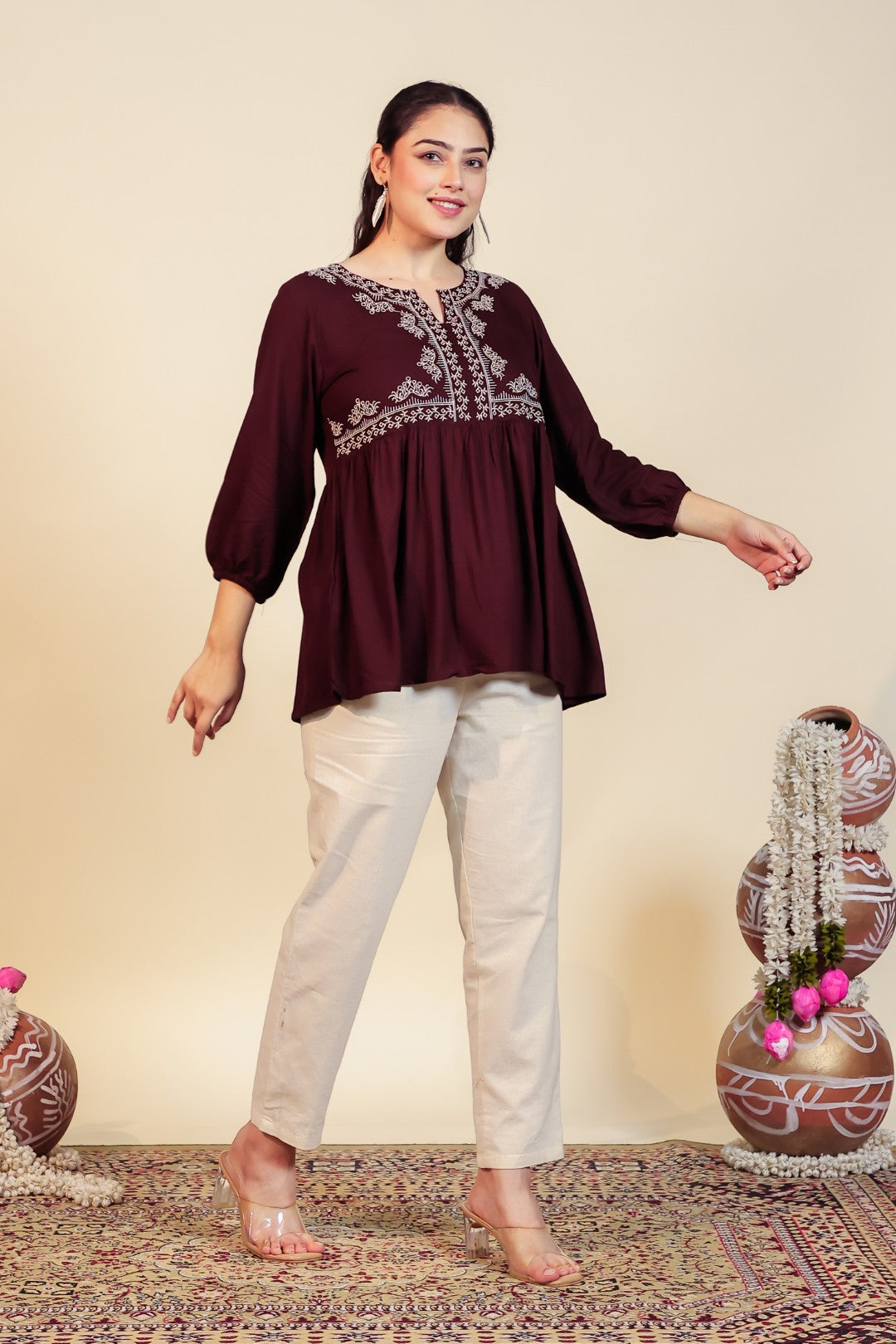 Dark Brown Rayon Thread Work Top